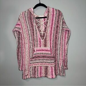 Kaisely Pink Striped Baja Hoodie Women Small Lace Up Woven Boho Pullover Sweater